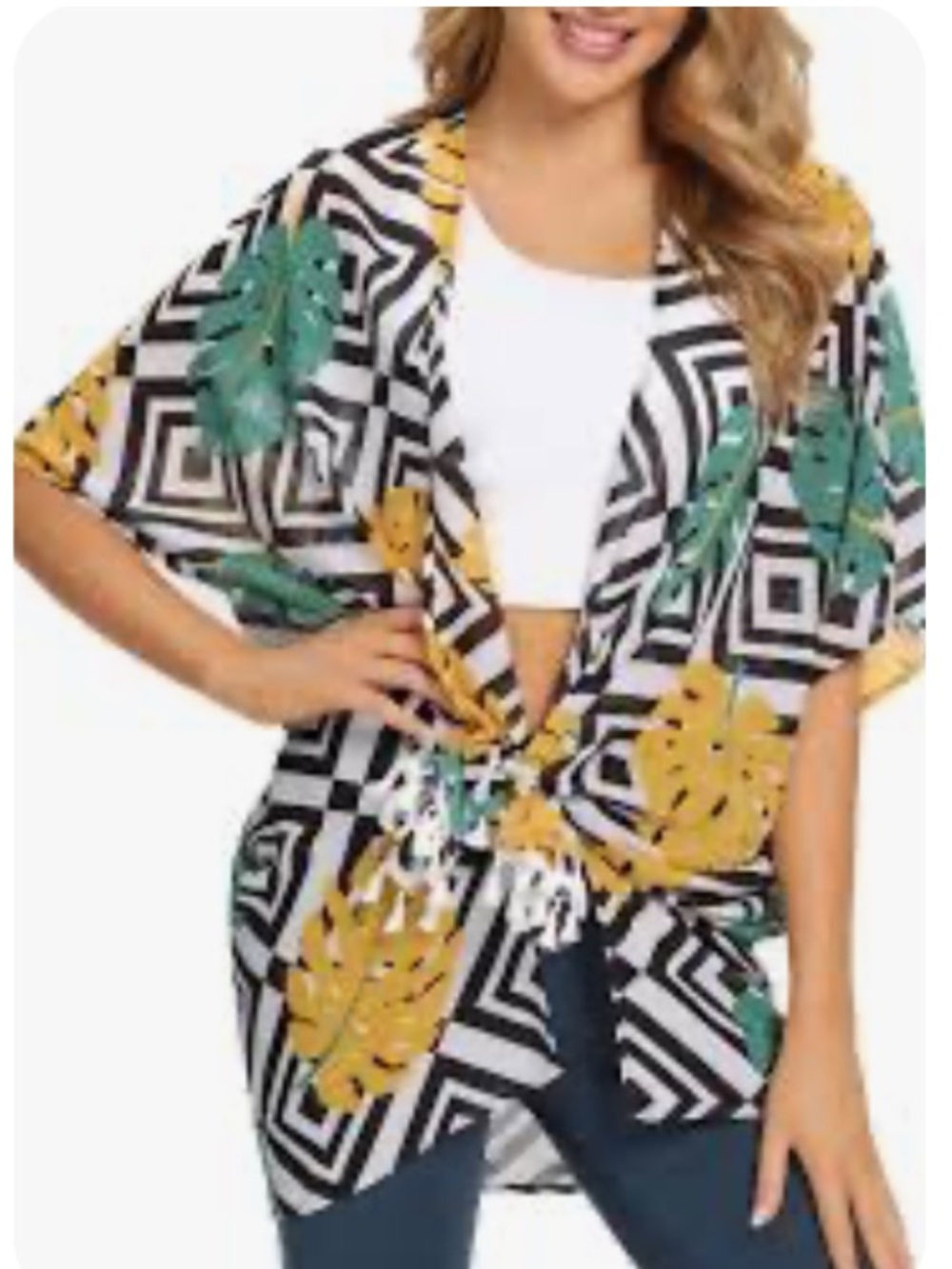 Tassel-Hem Geometric & Leaf Print Kimono Romper - Black White Yellow Green